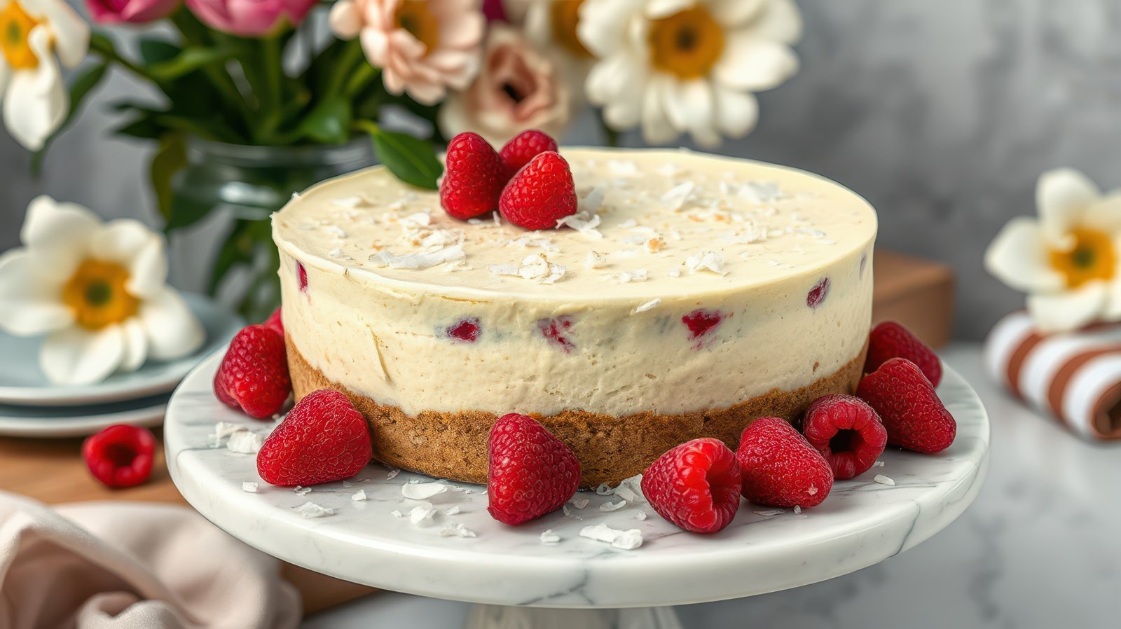 Decadent raspberry cheesecake decorated with fresh berries and coconut flakes on a marble cake stand in a bright kitchen